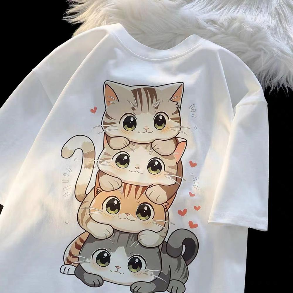 Sommer Frau Lustige 3d Druck Katze T-Shirt Weibliche Cartoon Hip Hop Kurzarm Atmungsaktiv Übergroßen Mädchen Übergroßen T-Shirts Neutral Paar Kleidung S white
