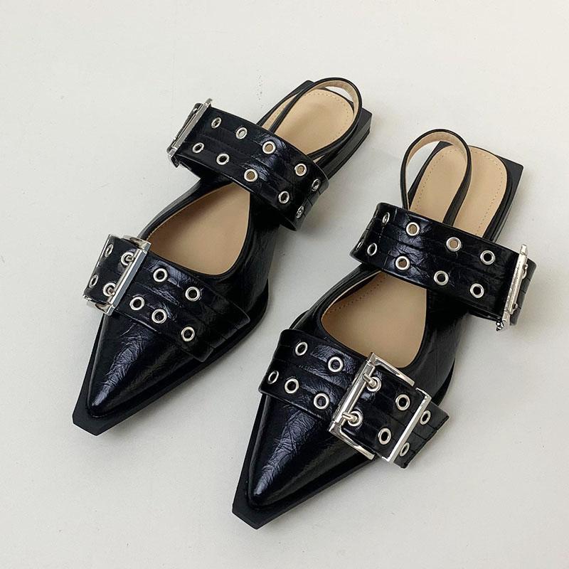 Mode Luxus Sandalen Flats Schuhe Für Damen 2025 Sommer Weiblich Lässige Sandalen Schuhe Schnallenriemen Mode Spitzzehe Damen Slingback 41 schwarz