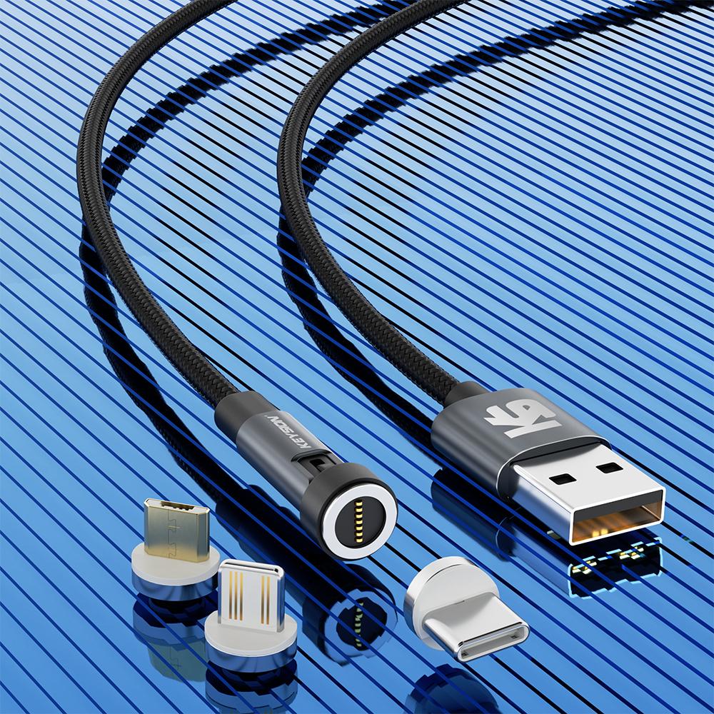 KEYSION 5A Magnetisches USB-Kabel, drehbares Gaming-Kabel, Schnellladung, Typ-C-Kabel, Magnet-Ladegerät, Daten, Micro-USB-Handykabel for 3 in 1 1m 3A grau