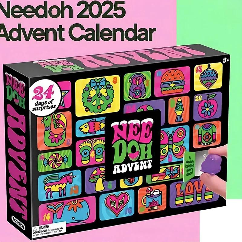 2025 NeeDoh Adventskalender Geschenk für Kinder 24 Tage 3D PVC Puppen Countdown Weihnachten 2026 Neujahrs Überraschungsgeschenke 28 22 3.5cm pink