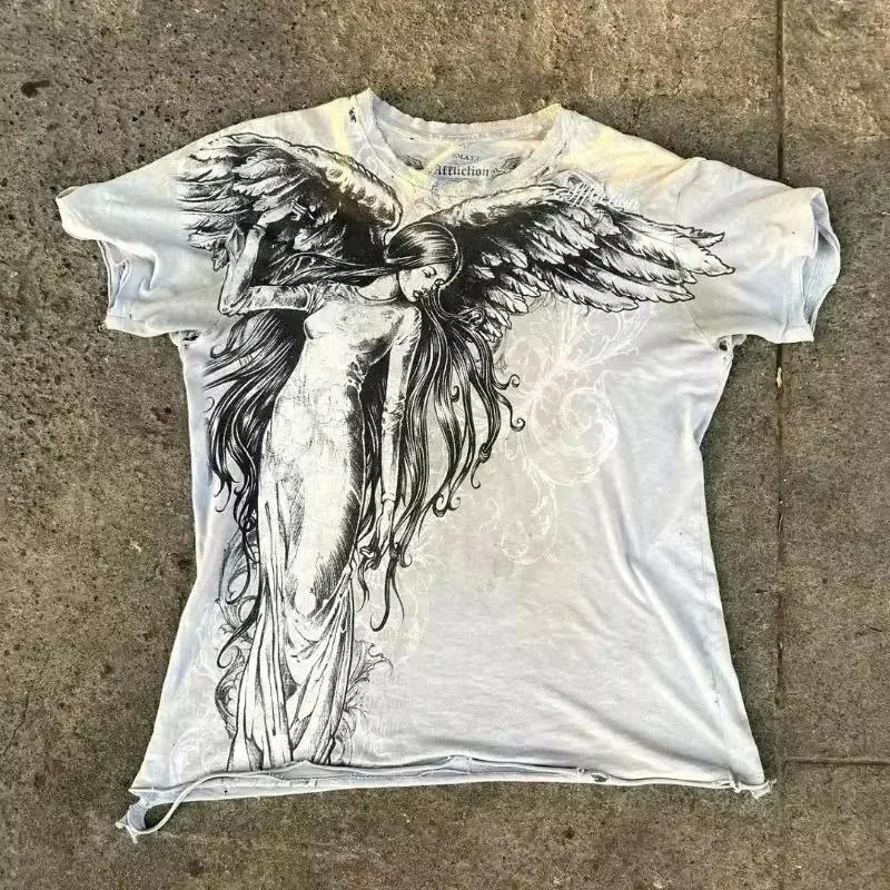 Klassisches Y2K Gothic Stil T-Shirt Druck Oversize T-Shirt High Street Shirts Gothic Rundhals Baumwoll Tops Neu Unisex Damen T-Shirt 3XL