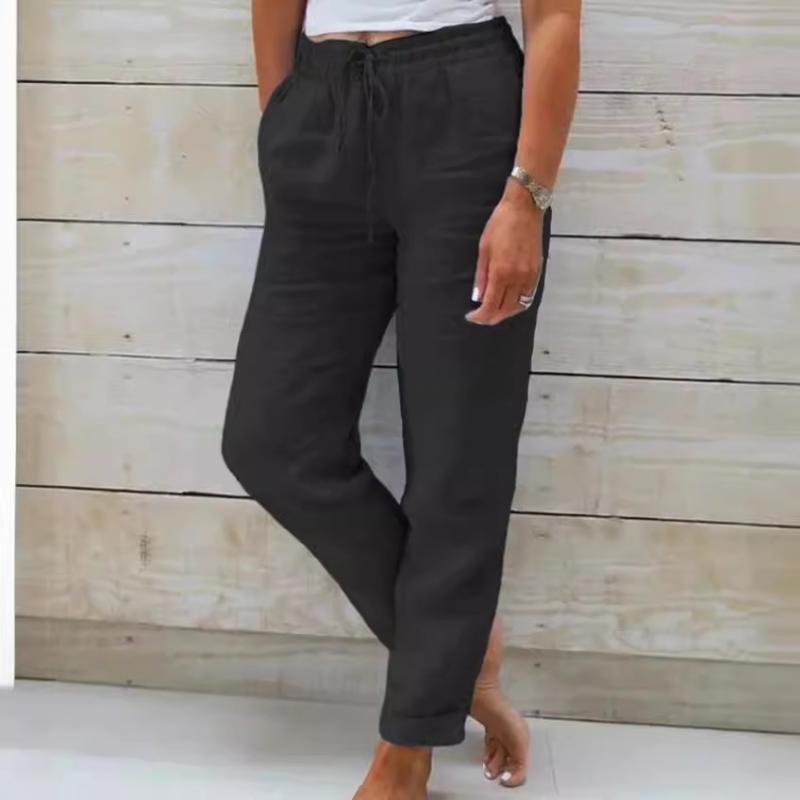 Baumwolle Leinen Sommerhose für Damen Hohe Taille Elastisch Lässige Hose Streetwear Einfarbig Damenkleidung Lockere Bleistifthose 3XL schwarz