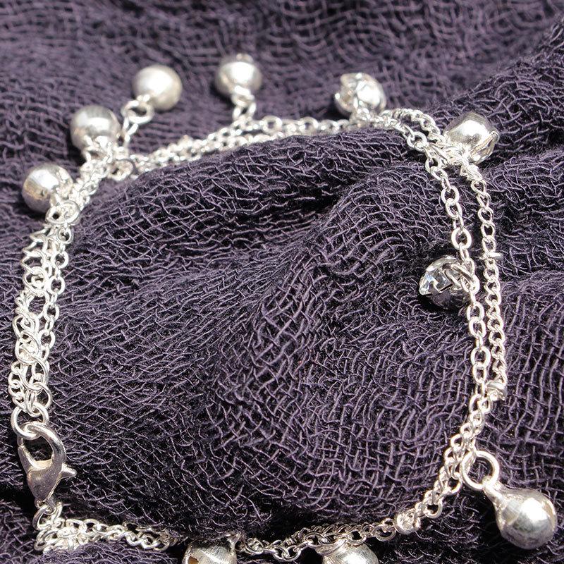 Doppellagiges Strand-Fußkettchen mit Strassglöckchen – japanischer und koreanischer Stil silber