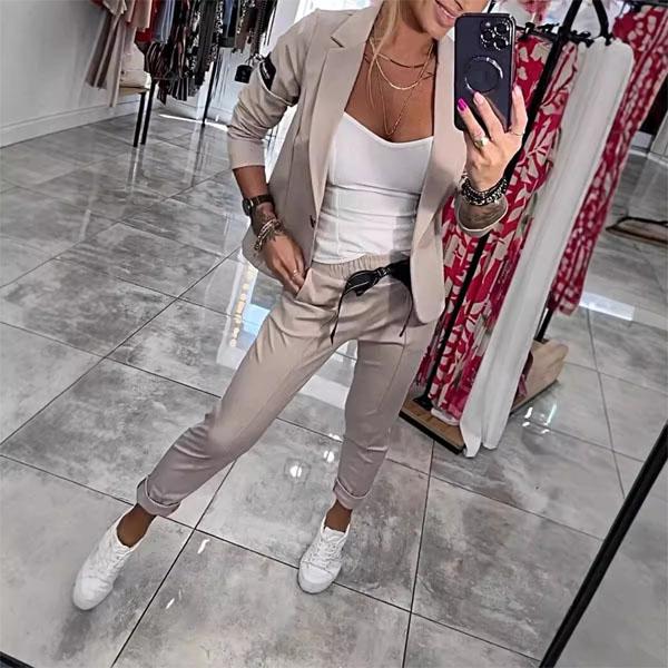 Zweiteiliges Set für Damen, elegante Slim-Fit-Jacke, formelle Büro-Arbeitshose, Revers-Mantel-Set XXXL beige