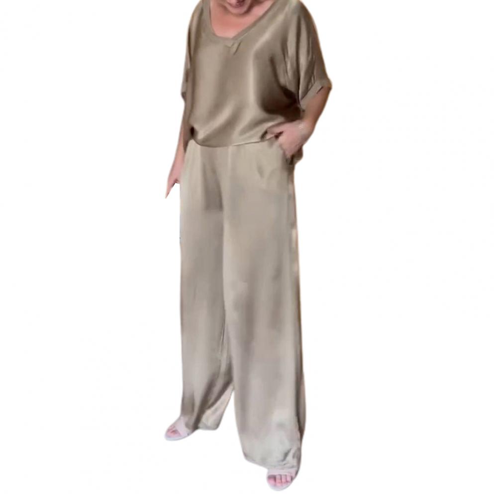 Hosenanzug mit weitem Bein für Damen, elegantes Satin-Oberteil, weites Hosenset für Damen, Bluse mit V-Ausschnitt und Kordelzug in der Taille, locker für Damen M khaki