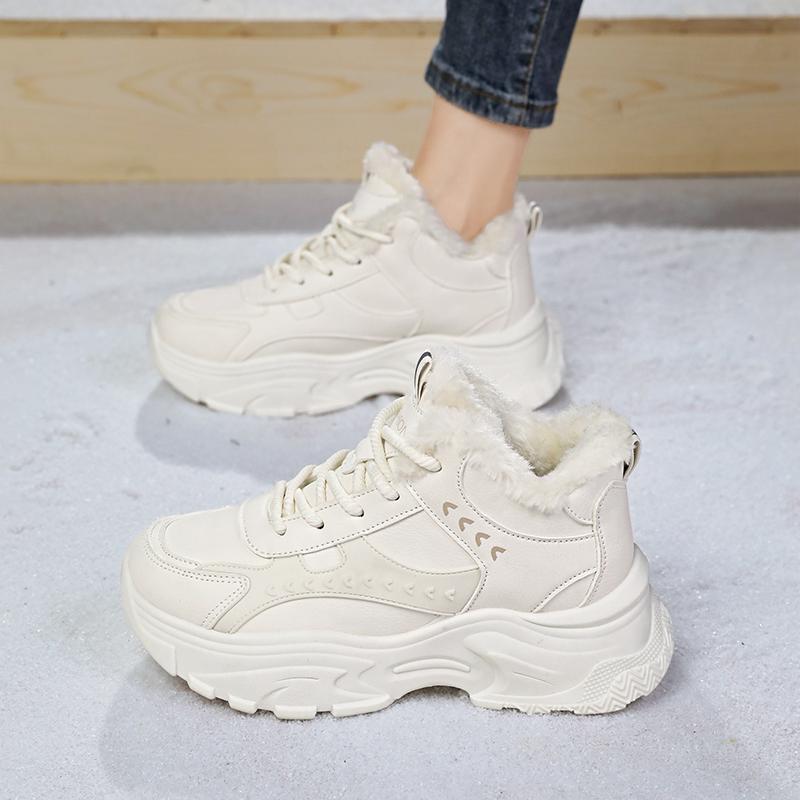 MCTIN Fleece Winterschuhe zum Warmhalten, Erhöhte Baumwollschuhe, Dicksohlige Dad-Schuhe Damen 36 beige