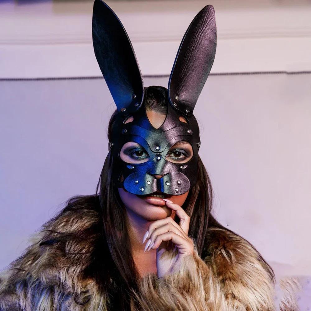 Sexy Leder Maske Bunny Girl Cosplay Erotisch Fetisch Rave Maske Nieten Bondage Geschirr Halloween Party Katzenmaske Frau Mann
