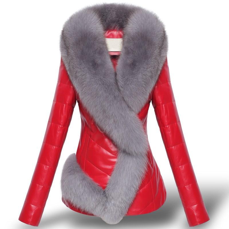 Winter Lederjacke Damen Dicke Warme Baumwolljacke mit Pelzkragen Kurze Mode und Slim Fit PU Lederjacke 3XL rot