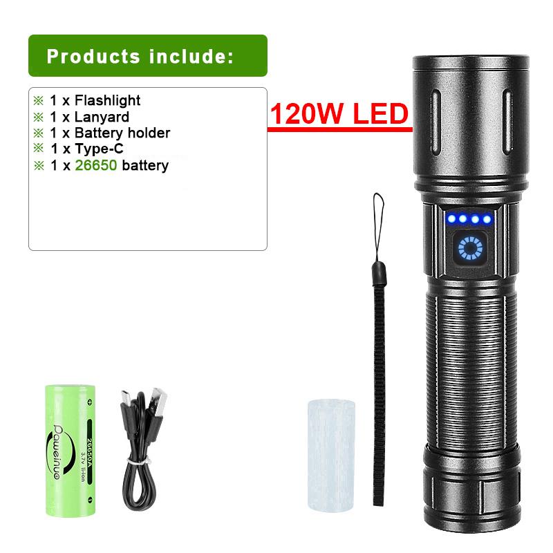 Super Hochleistungs-LED-Taschenlampe, 300000 lm, starkes Licht, Taschenlampe, 120 W, wiederaufladbare LED-Lampe, große Reichweite, Blitzlicht, wasserdichte Laterne C-26650 battery, Type-C