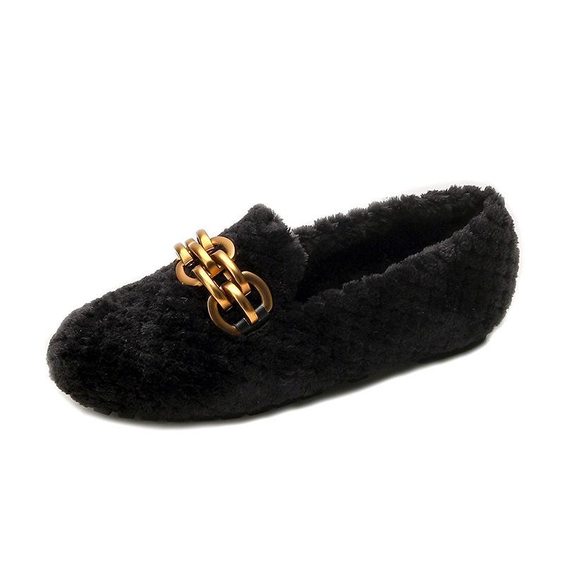 Marke Goldketten Pelz-Flats Damen verdicken Plüsch gepolsterte Baumwollschuhe Karomuster pelzige Slipper Damen warme Pelz-Mokassins große Größe 43 8.5 schwarz