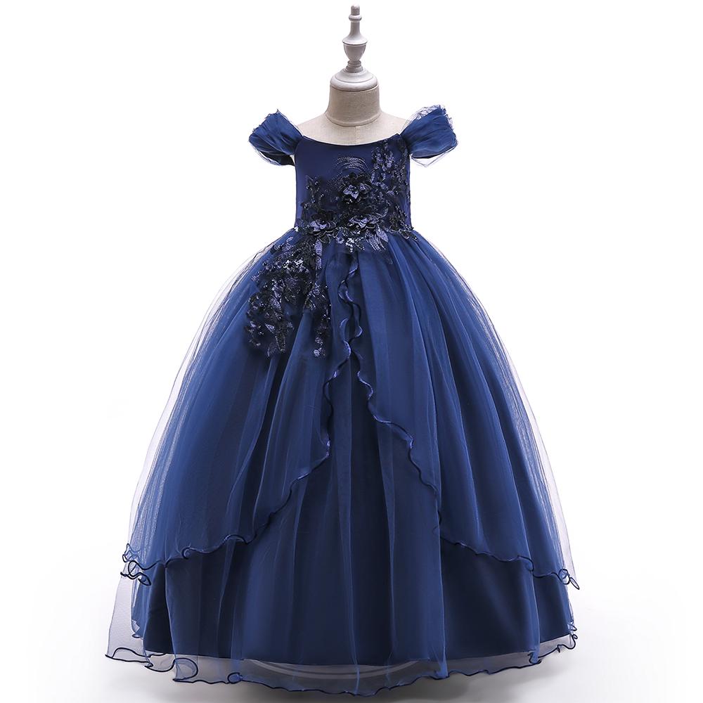 Neu Sommer Spitze Mädchen Hochzeit Kleid Abend Brautjungfer Kleider Kinder Mädchen Prinzessin Kleider 160CM blau