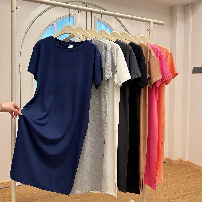 Übergröße Kurzarm Freizeitkleid Damen Sommer Locker Einfarbig Mittellang Knielang Geschlitzt T-Shirt Kleider M dunkelblaue