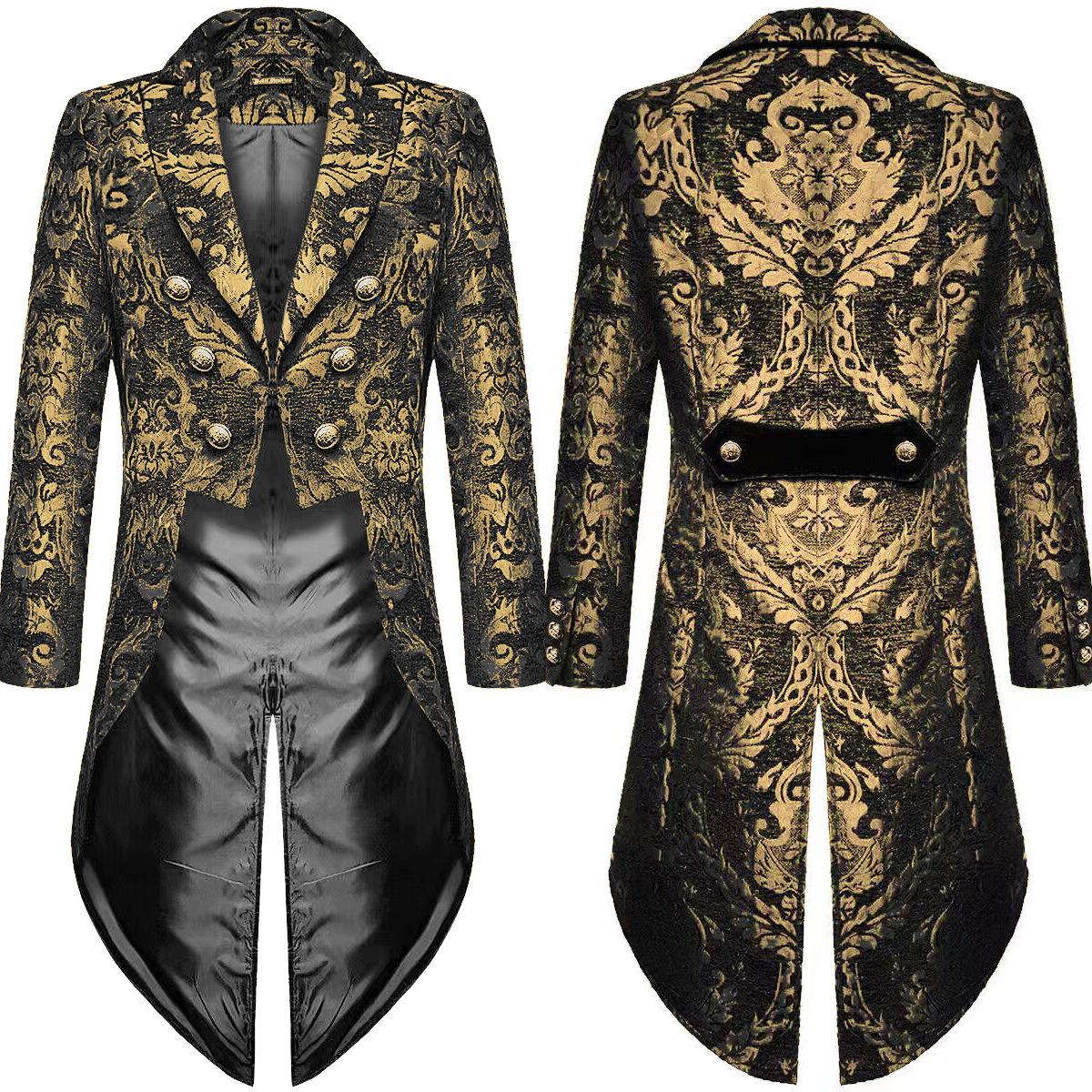Herren Viktorianischer Mantel Kostüm Schwarz Smoking Halloween Cosplay Kostüm Frack Gothic Steampunk Trenchcoat XXXXL gold