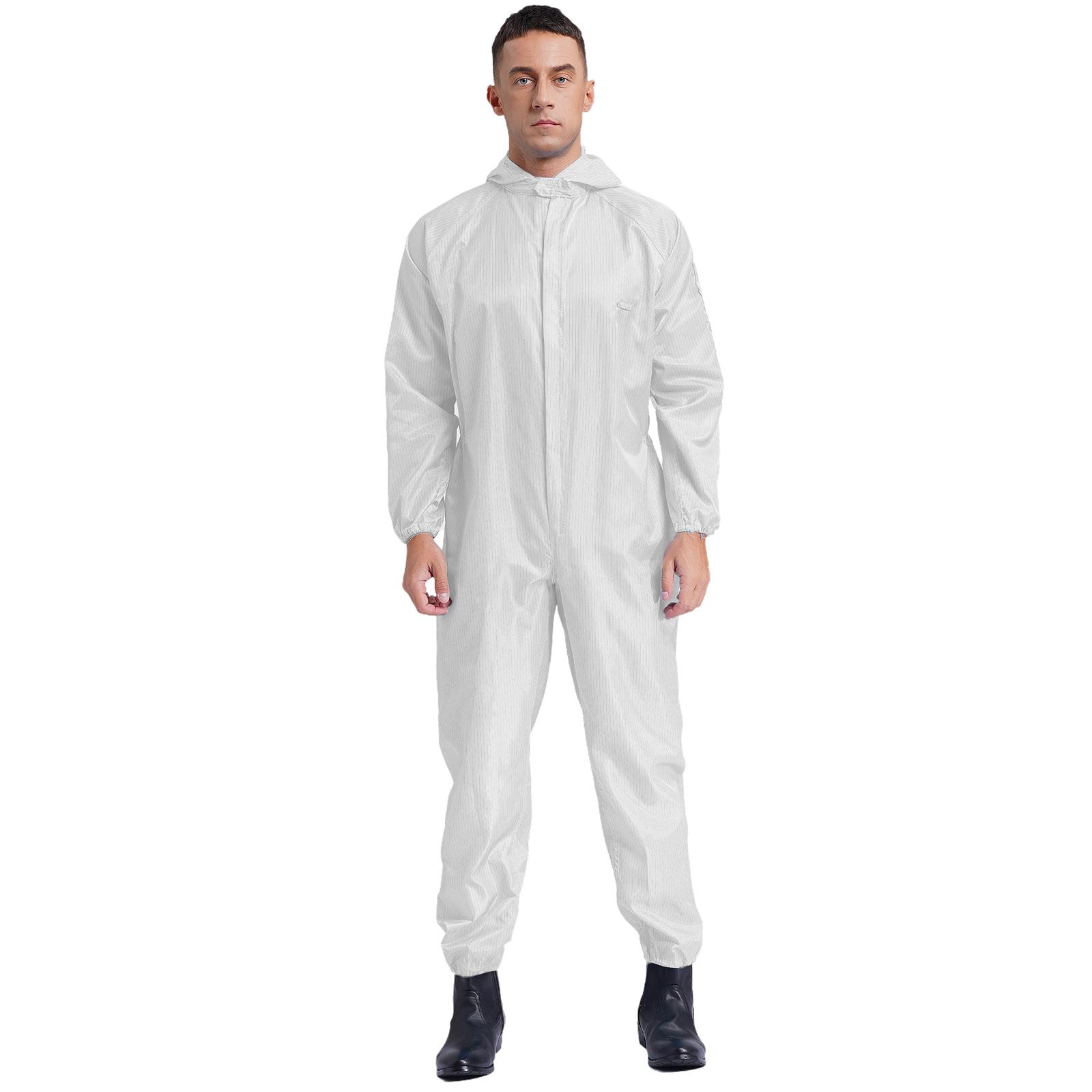 Herren Langarm Overalls mit Kapuze und Reißverschluss vorne Jumpsuit Mechaniker Arbeitsbody Arbeitskleidung M weiß