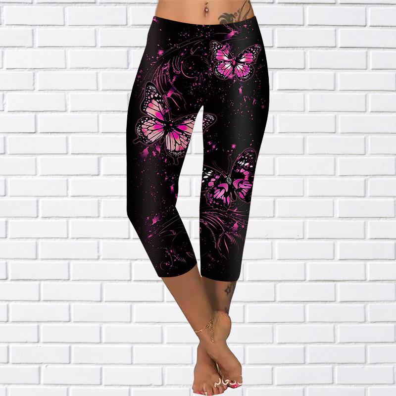 Hosen Sommer Gelbe Schmetterling Kurze Leggings Abgeschnittene Röhrenhose Plus Size Leggins Damen Drei Schmetterlinge Hosen Abgeschnittene Hosen 6XL rosa