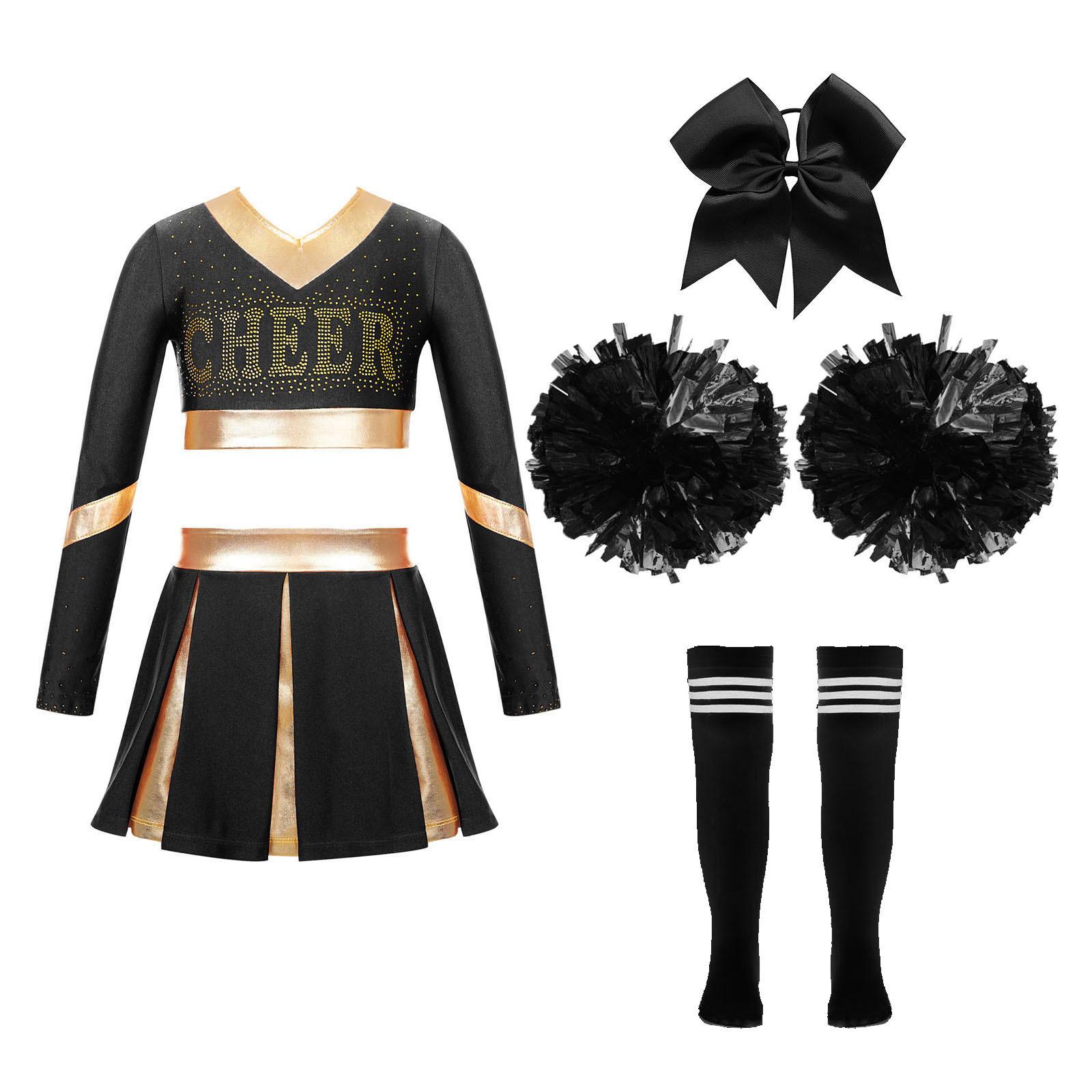 Mädchen Halloween Kostüm Kinder Cheerleading Uniform mit Pompoms Crop Top Faltenrock Karneval Fasching Party 11-12 Years schwarz