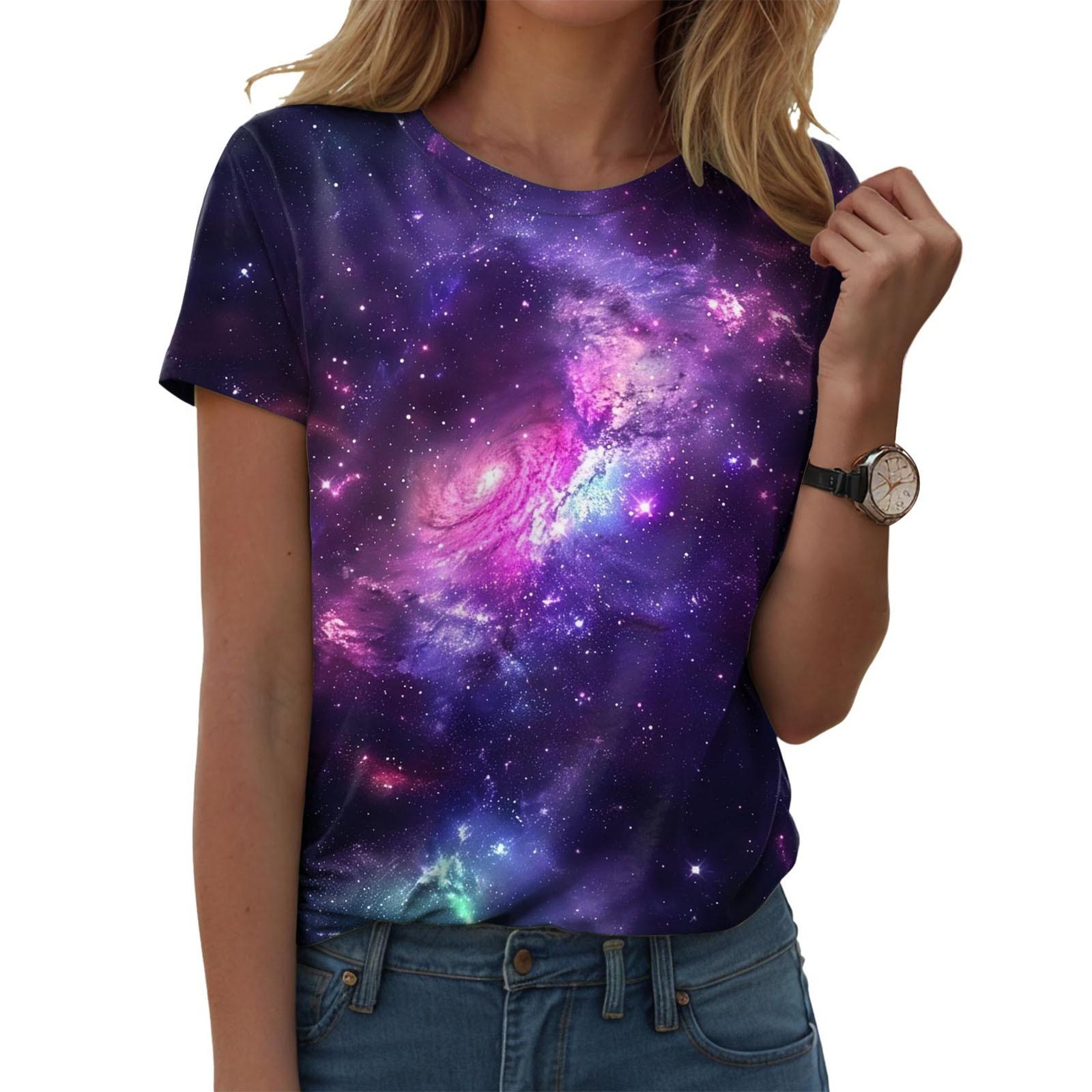 Damen Galaxie Print T-Shirts Glitzer T-Shirts Modische Sternenhimmel Sommer T-Shirts Rundhals Damen Sommer Tops S purple