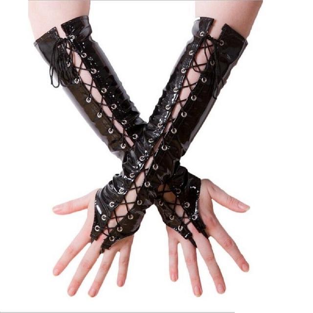Schwarz Rot Lang PVC Sexy Damen Handschuhe Damen Fetisch Kunstleder Schwarz Bandage Handschuhe Clubwear Sexy Cosplay Kostüme Nachtclub One Size black