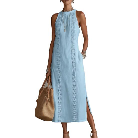 Sommerkleid für Damen Ärmellos Rundhals Tunika Tankkleid Lässig Locker Boho Strand Seitenschlitz Sommerkleid S blau