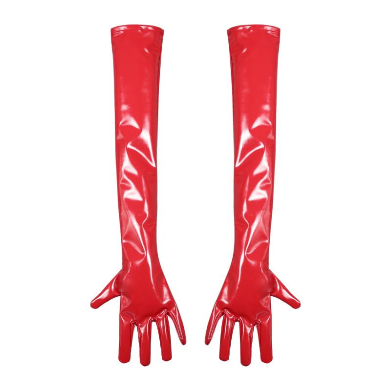 S-XXL Anti-Rutsch Nasse Optik PVC Lange Handschuhe Glänzendes PU-Leder Handschuhe Cosplay Performance Fäustlinge Eldiven Fäustlinge Handschuhe Handschuh EM red