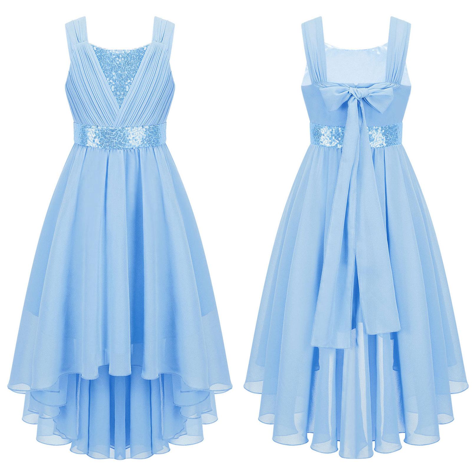 Kinder Mädchen Spitze Chiffon Hochzeit Brautjungfer Kleid Ärmelloses Formales Party Abendkleid Kinder Ballkleid 15-16 Years blau
