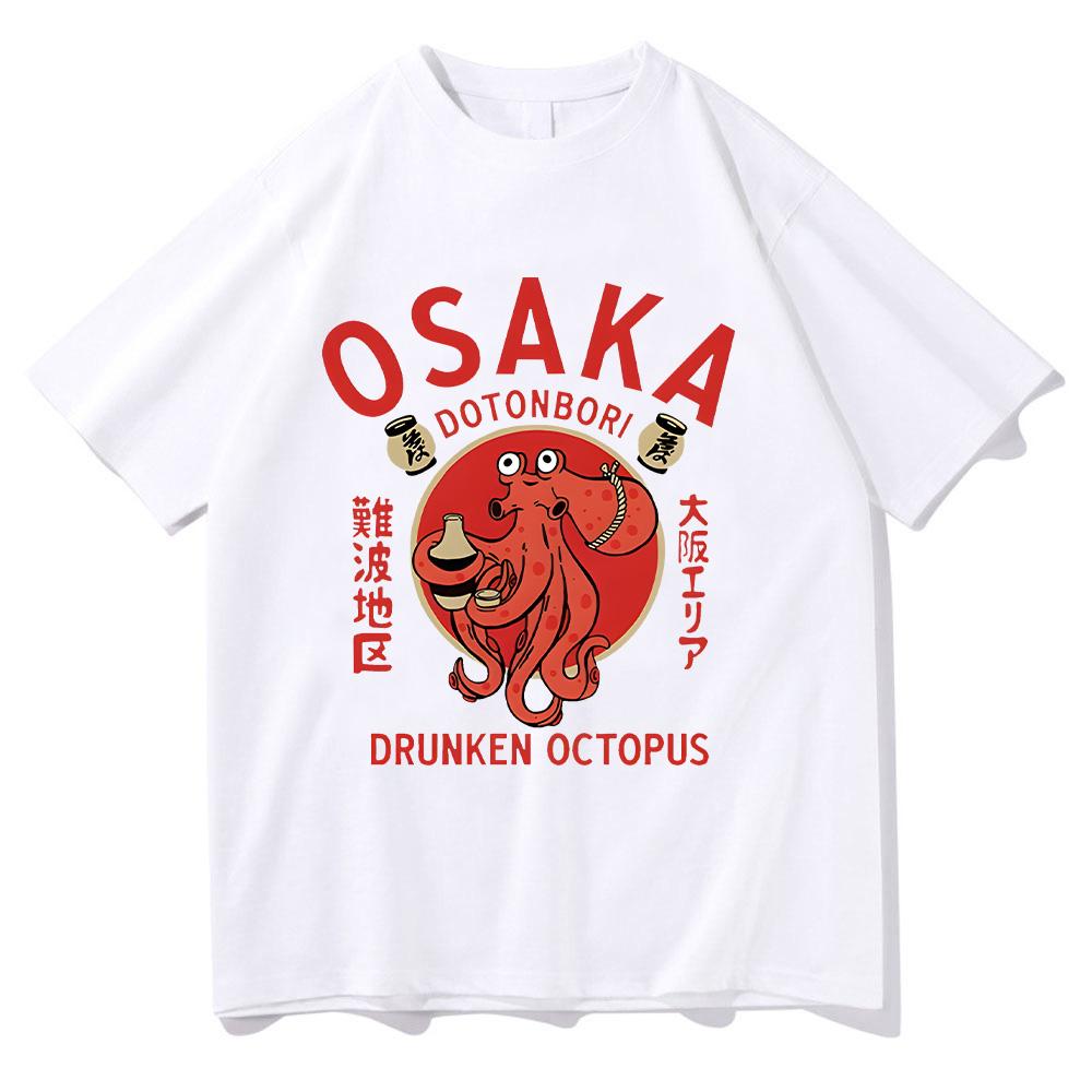 Osaka Dotonbori Betrunkener Oktopus T-Shirts Japanisches Essen Lustige Baumwoll-T-Shirts Sommer-Mode Damen Herren Tops Vintage Ästhetische T-Shirts XS weiß