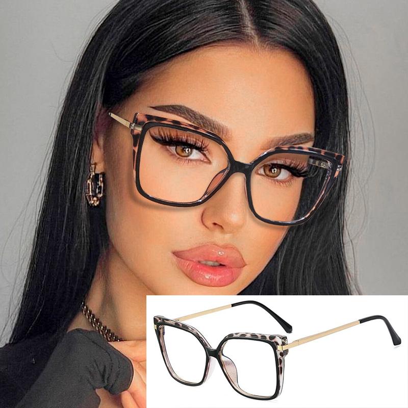 Modische Optik Myopie-Brille Damen Leopard Großes Quadratisches Brillengestell Metall Computer Blaulichtfilternde Brille 0~-6 myopia-3.75