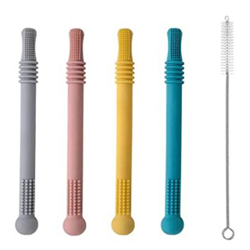 Baby Beißring Sicher Silikon Kaubar Strohhalm Spielzeug Mehrfarbig Baby Backenzahn Stäbchen Beißspielzeug Für Säugling 4pcs + 1 brush