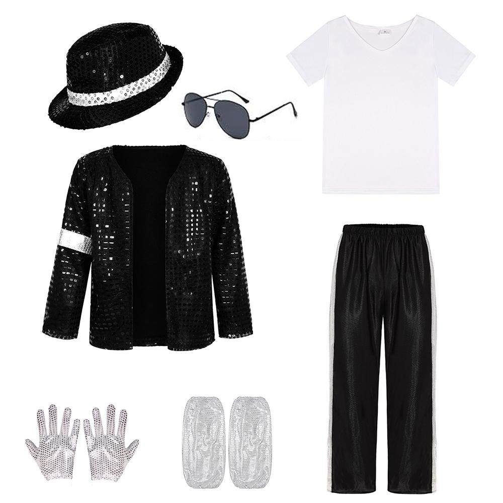 Michael Jackson Cosplay Herren 80er Retro Pailletten Tanz MJ Kostüme Performance Outfit Mit Hut Sonnenbrille Und Handschuhen Für Halloween XL black