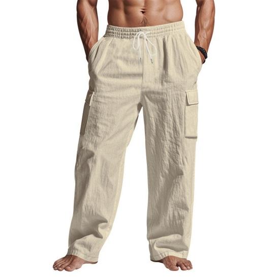 Herren-Baggy-Hose aus Leinen, lässige Hose mit Kordelzug in der Taille, weites Bein, lockere Passform, Sommer-Strand-Yoga-Hose mit Taschen für den Alltag im Urlaub S khaki