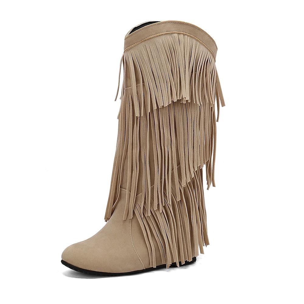 Damen Round Toe Wedges Stiefel Quaste Winter Neu Böhmisch Flock Mid-calf Stiefel Weiblich Warm Plüschgefüttert Plateau Kniehohe Stiefel 39 beige