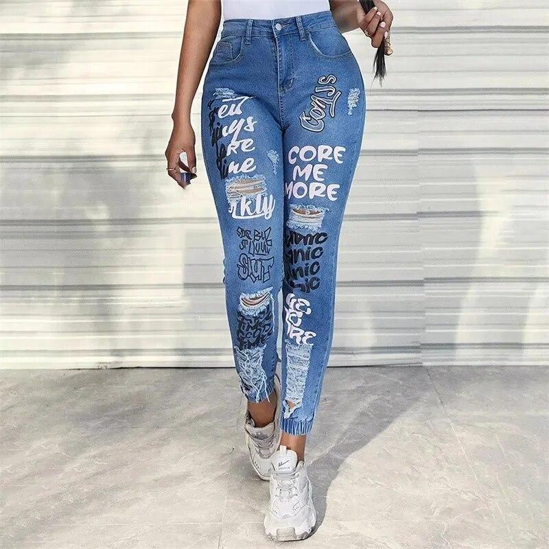 Mode Alphabet Print Stretch Bein Bleistift Jeans Frauen Trend gebrochen Löcher Denim Hosen weibliche schlanke mittlere Taille Knopf schicke Hose XS blau