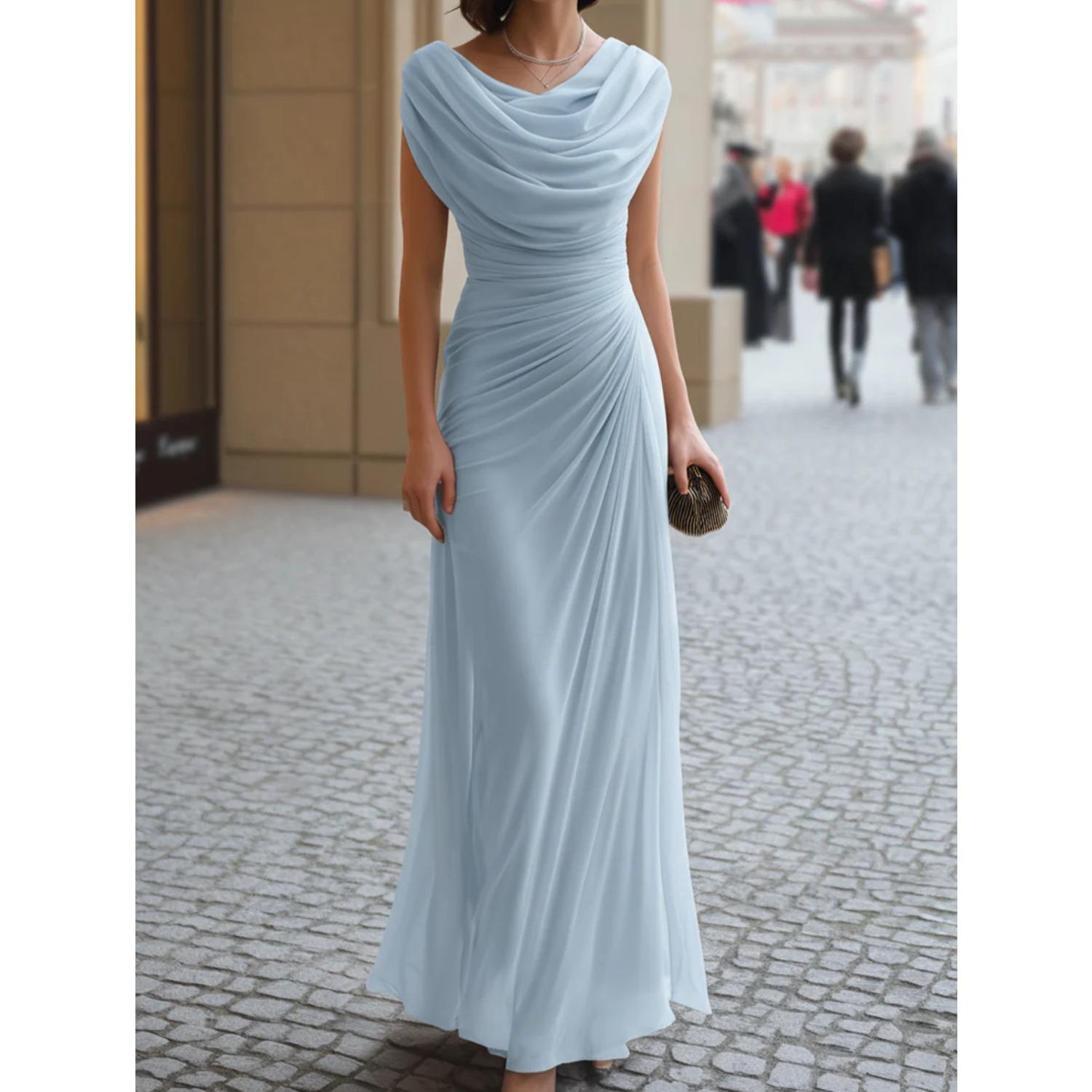 Damen-Maxikleid mit Schalkragen, ärmellos, schmal geschnitten, elegant, gerafft, formelles Abendkleid S himmelblaue