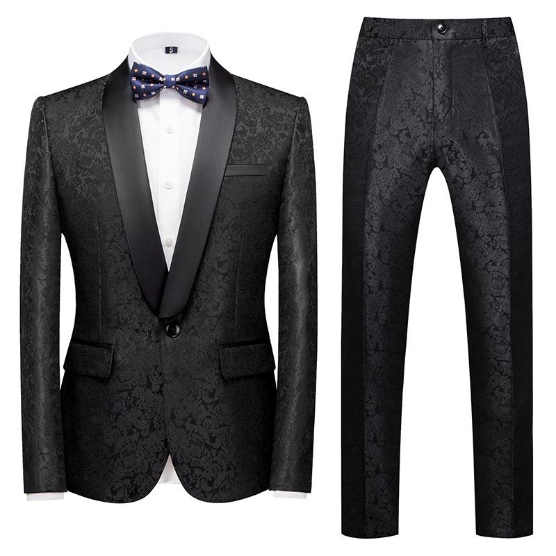 Herrenbekleidung Stilvoller formeller Anzug 2-teiliges Set Herrenanzug Blumenmusterdruck Geschäftsbüro Hochzeitsanzug Jacke + Hose Anzüge und Blazer L schwarz