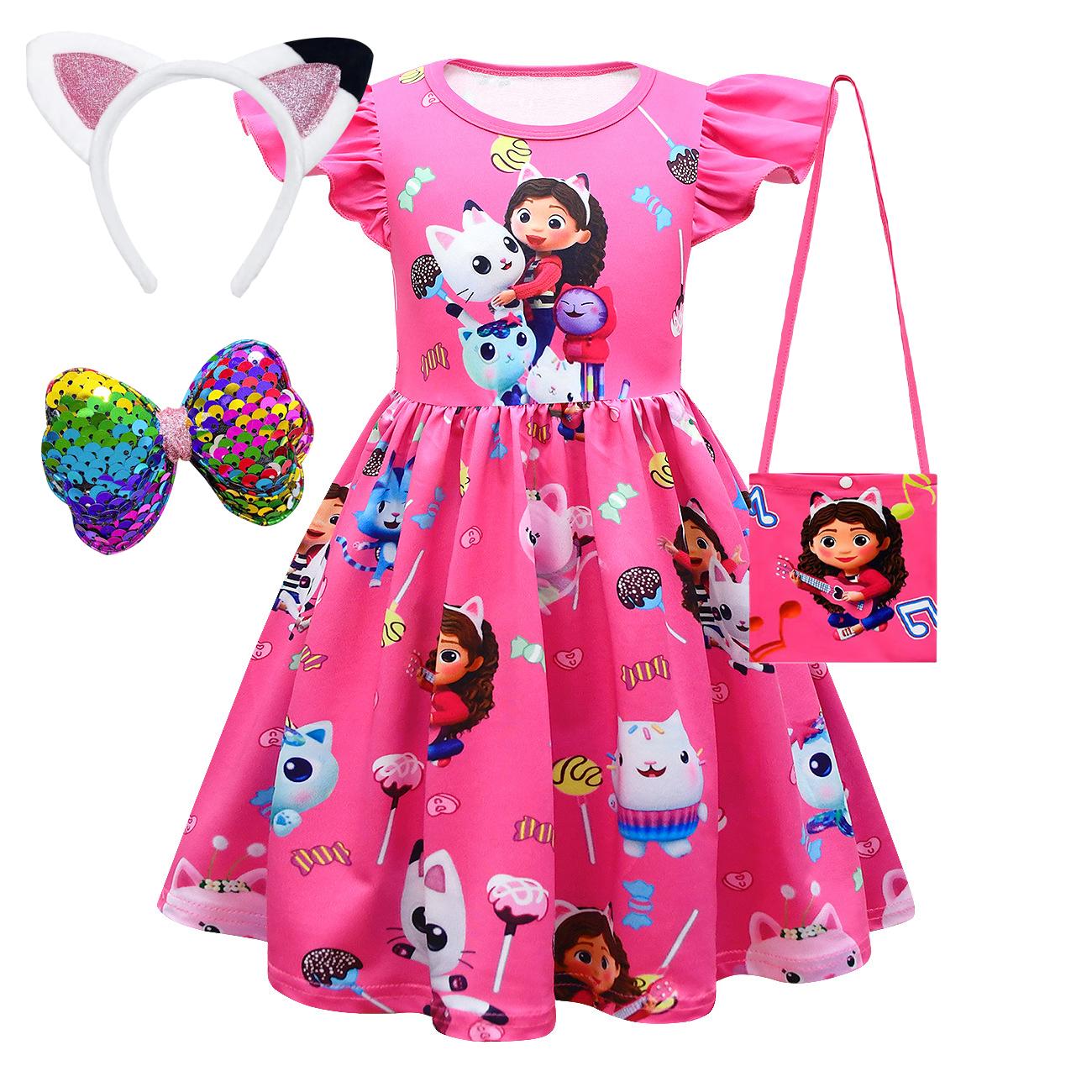 Mädchen Kleid Kurzarm Gabby's Puppenhaus Prinzessin Gabby Katze Netz Tüllrock Kindergeburtstag Cosplay Kleid Kostüm 100 (2-3Years) pink