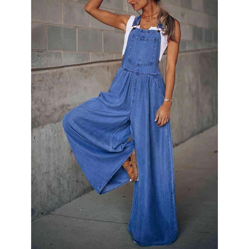 Lockere ärmellose Jeans-Overalls mit Seitentaschen, lässige Jeans-Hosenträgerhose mit verstellbarem Schultergurt, Jeans und Kleidung für Damen S dunkelblaue
