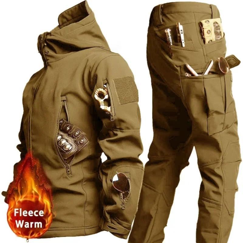 Winter Set Herren Outdoor Winddicht Anzug Tasche Softshell Kapuzenjacken Arbeitshose XL khaki