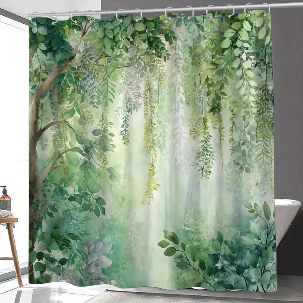 Duschvorhang „Aquarellwald“ (1 Stück) – Grüne Blätter und Bäume im sanften Nebellicht, natürlicher Duschvorhang für ein ruhiges Wohnambiente 90X180cm(35x70in)