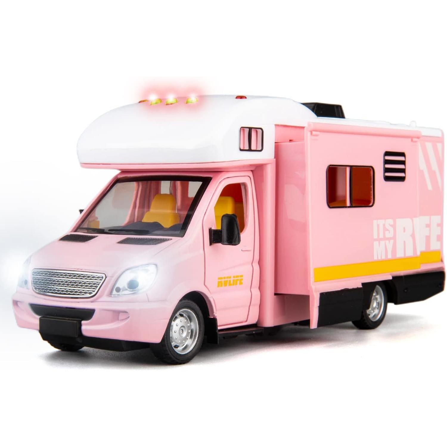 1/32 Spielzeug-Wohnmobil, Wohnmobil, Spielzeug für Jungen und Mädchen, Druckguss-Modellauto, Rückziehauto mit Ton und Licht, Geschenksammlung für Kinder 1/32-Size:21.5*7.5*9.5cm rosa