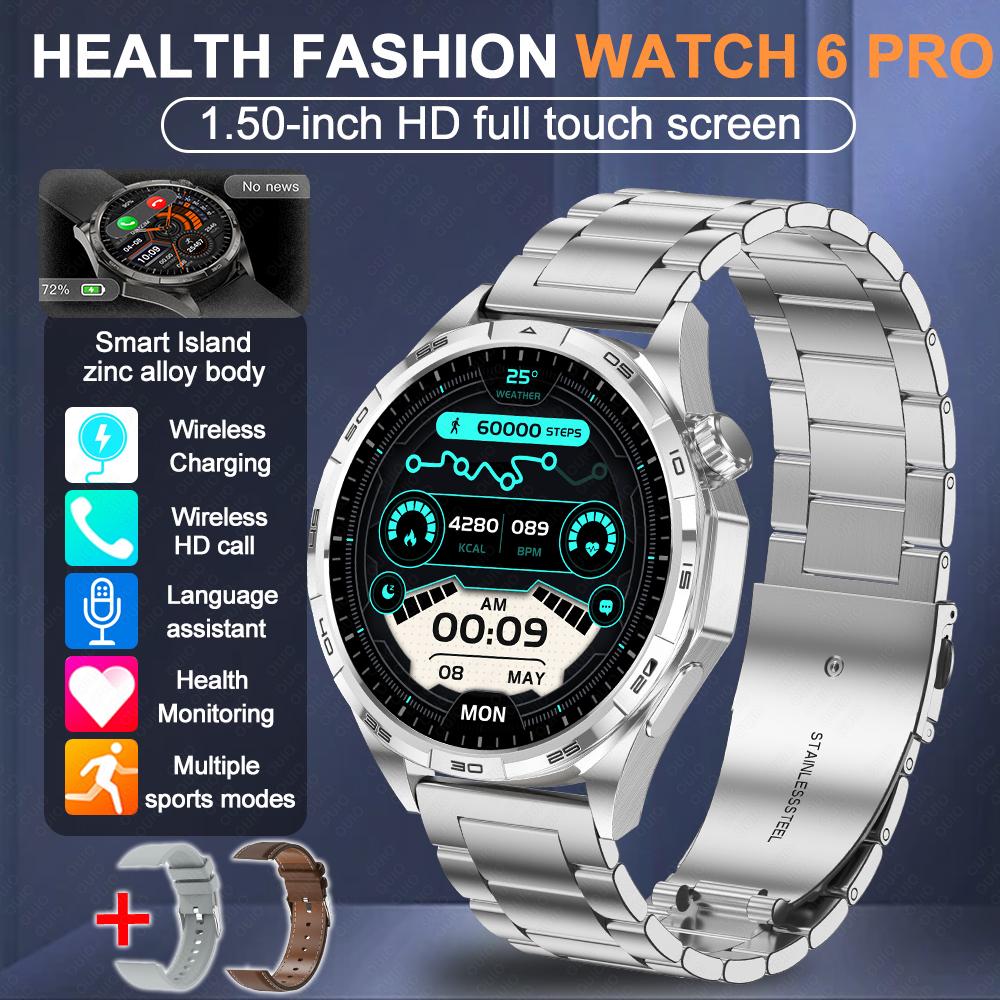 2026 Neue Uhr 6 Pro Outdoor-Sport Smartwatch Herren 1,50” HD-Bildschirm GPS-Streckenverfolgung Höhenmesser Druck Herzfrequenz Smartwatch Silver Steel +Silicone +Leather