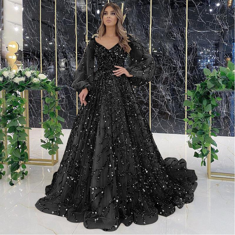 Neues goldenes Schwerindustrie-Perlen-Luxus-Abendkleid sexy Damen-Aura-Königin langes Kleid DQ XXXL schwarz