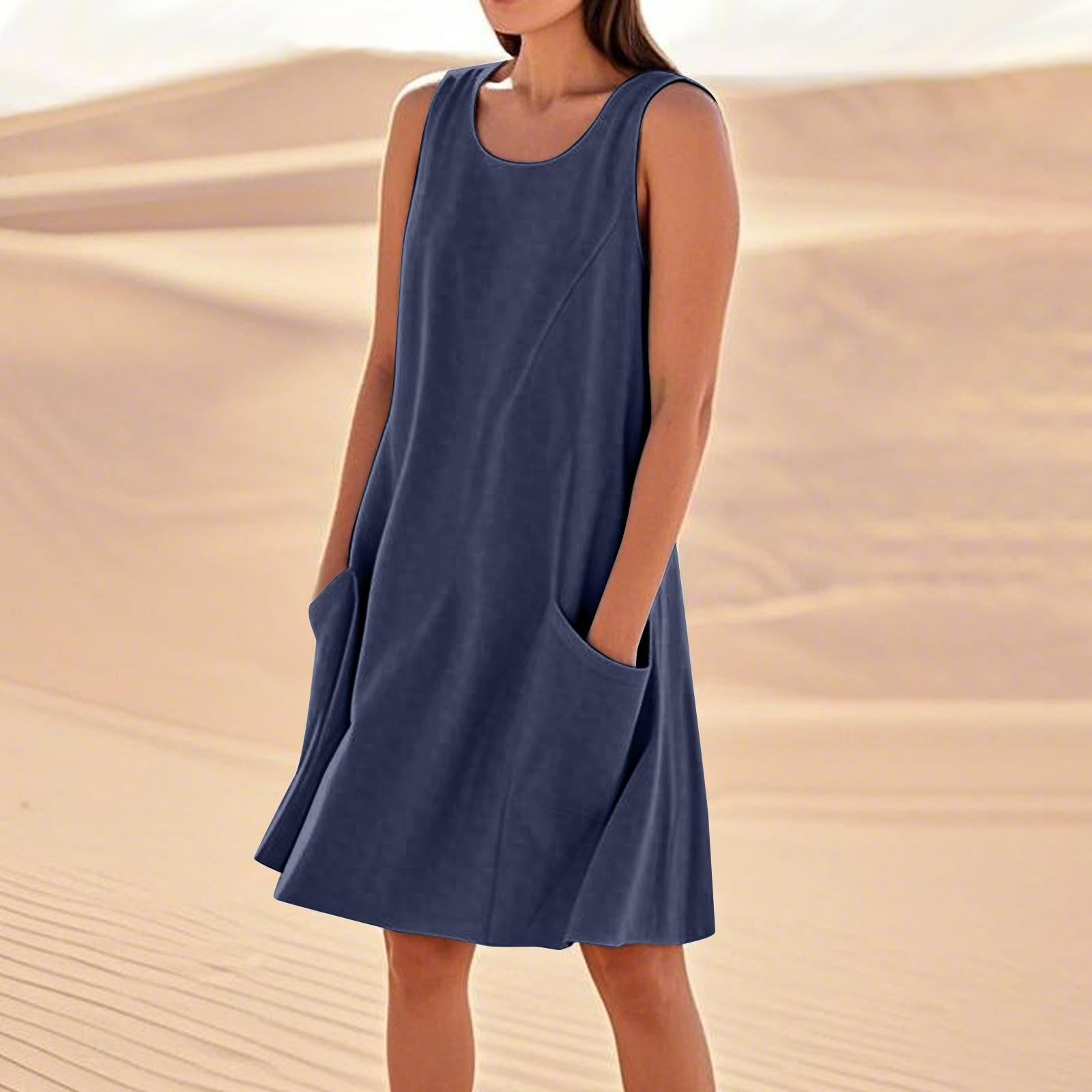 Sommerkleider für Damen, lockerer Strandurlaub, lässig, ärmellos, Sommerkleider mit Taschen, Tankkleid XL dunkelblau