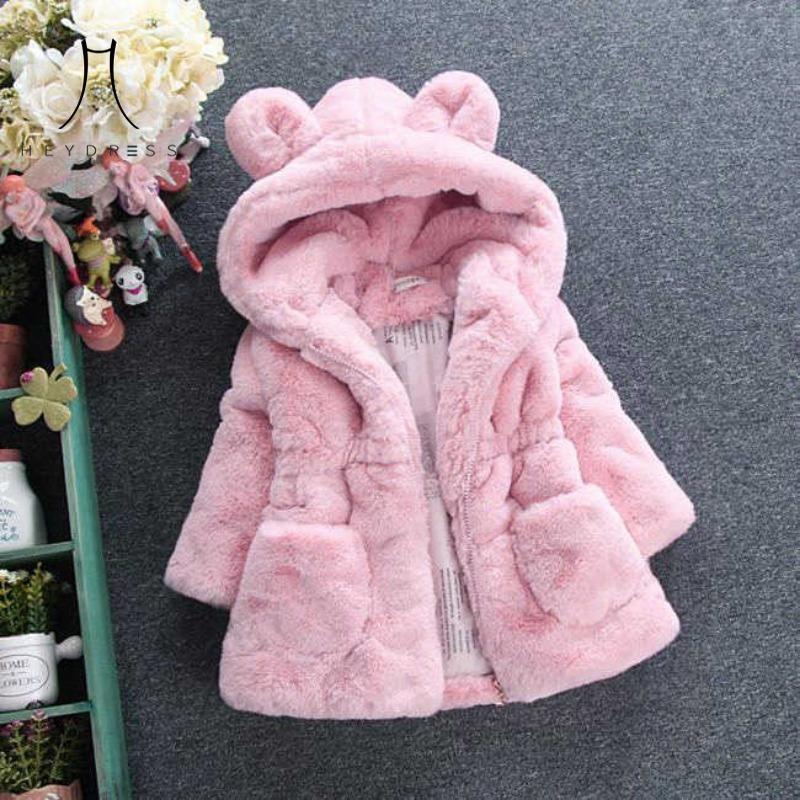 Kinderkleidung Herbst Winter Neu Mädchen Kinder Imitat Pelz Baumwollgepolsterte Jacke Ohren Verdickte Jacke Wintermode Warmer Mantel 140 rosa