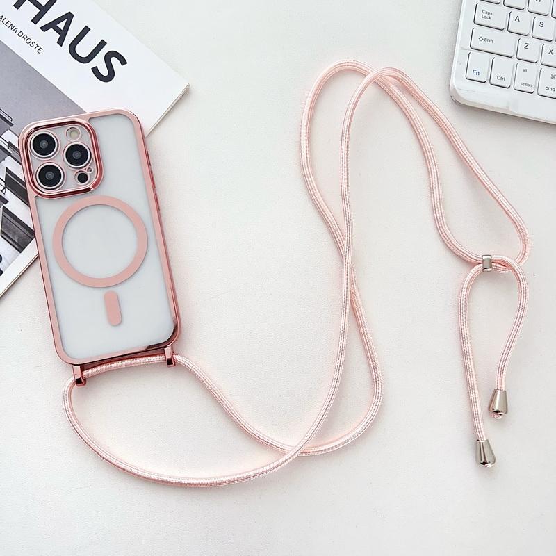 Für iPhone 16 Pro 15 Pro Max 14 13 12 11 16E Air 17 Für Magsafe Hülle Vergoldeter Rand Klare Hülle Stoßfest Mit Lanyard Handyhülle iPhone 12 rosa