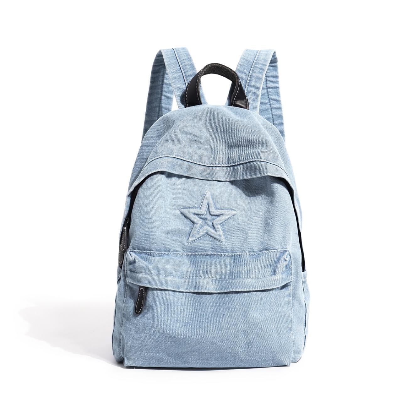 Schulrucksack neue Ins trendige Marke Pentagramm-Rucksack Damen Retro gewaschener Denim-Stoff Rucksack Damen große Kapazität Studenten-Schulrucksack (light blue,30*15*40cm) hellblaue