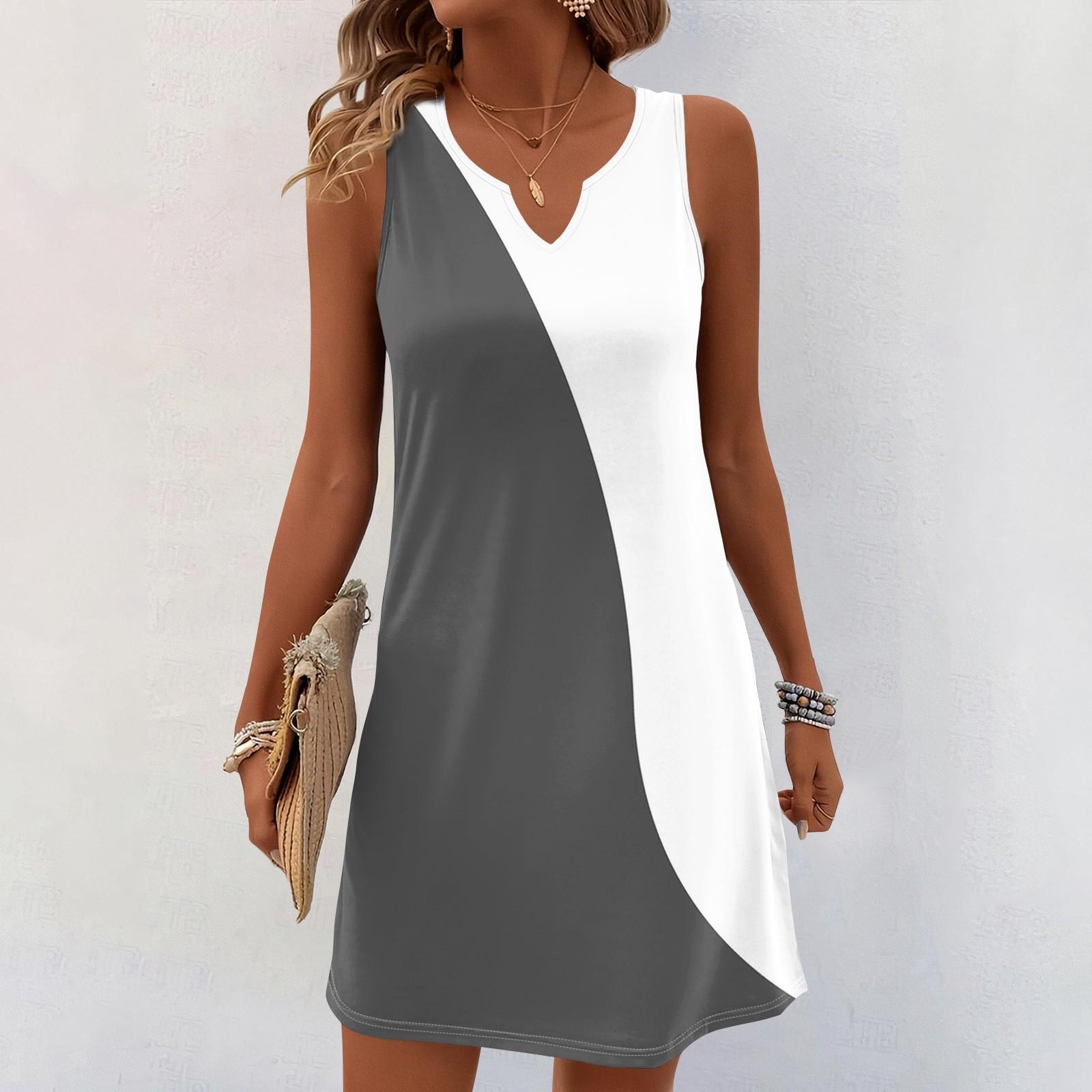 Damen Sommerkleider V-Ausschnitt Print Ärmelloses Sommerkleid Freizeitkleid L white