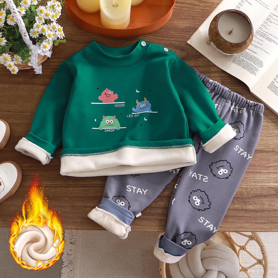 Winter kinder Kleidung Thermo-unterwäsche Set Plus Samt Baby Jungen Verdicken Mädchen Kleidung Kinder Pyjamas Anzug 90cm dunkelgrüne