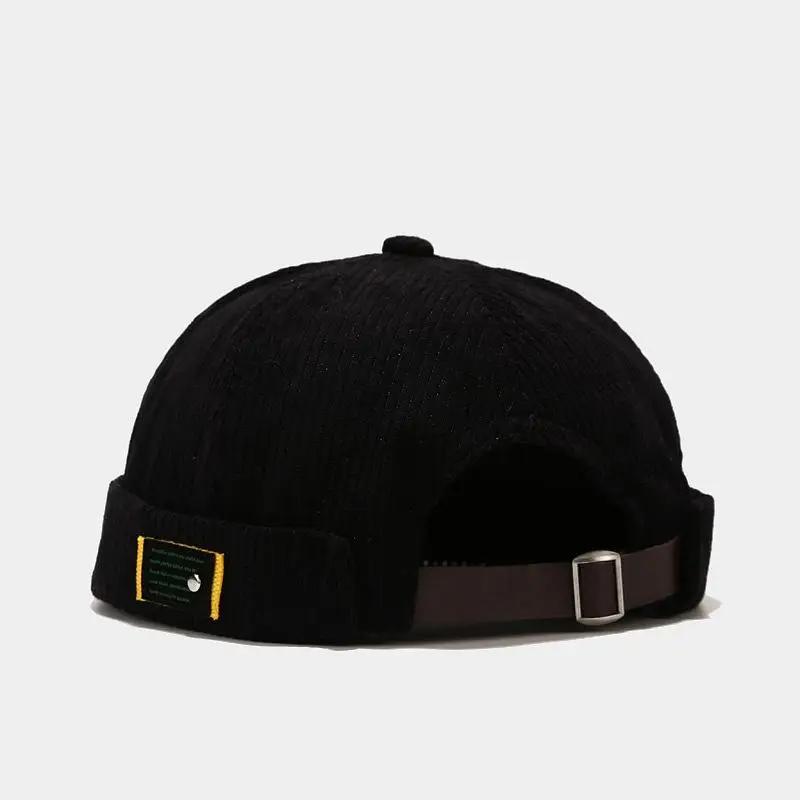 Vintage Docker Cap Schirmlose Mütze Atmungsaktive Beanie Mützen Corduroy Verstellbar Einfarbig Vermieter Matrosenmütze Herren und Damen 04 56-60cm wear schwarz