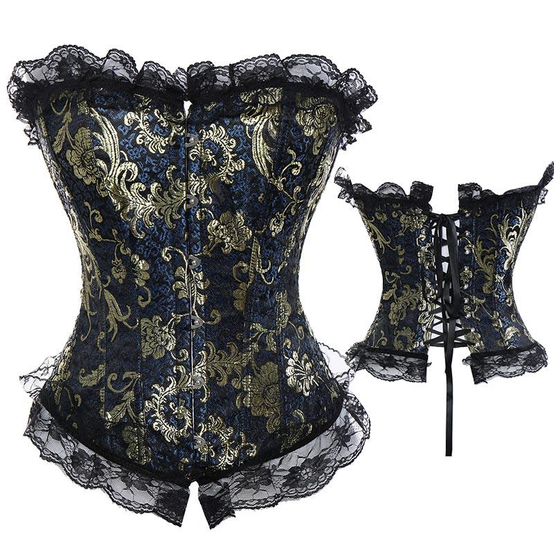 Frauen Jacquard Overbust Korsett Top Basken Cosplay Kostüm Steampunk Gothic Bustier Sexy Dessous 5XL blau