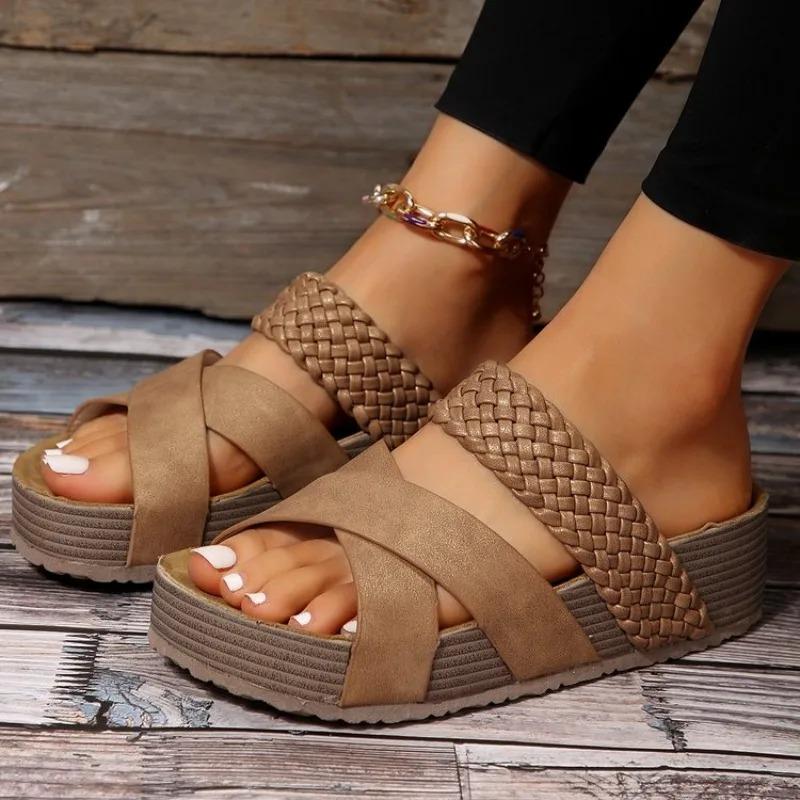 Mode Mode Flatform Kork Sandalen Damen Sommer 2024 Rutschfeste Plateau News Pantoletten Damen Dicke Sohle Outdoor Slides Schuhe Frau 39 goldgelb